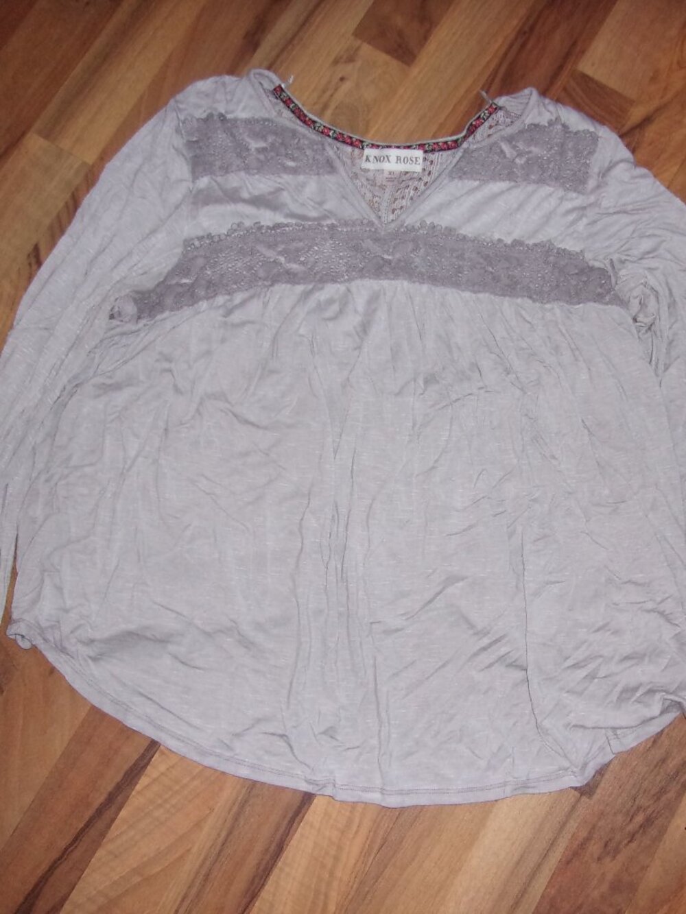 knox rose size extra large womens gray tee t lace boho long sleeve shirt